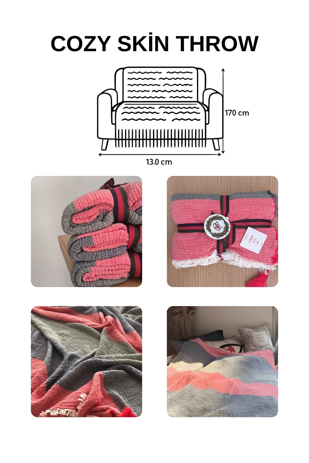 Cozy Skin Throw %100 Pamuk 4 Kat Müslin İplik Boya Yıkamalı 130x170 cm Diz Battaniyesi & Koltuk Şalı