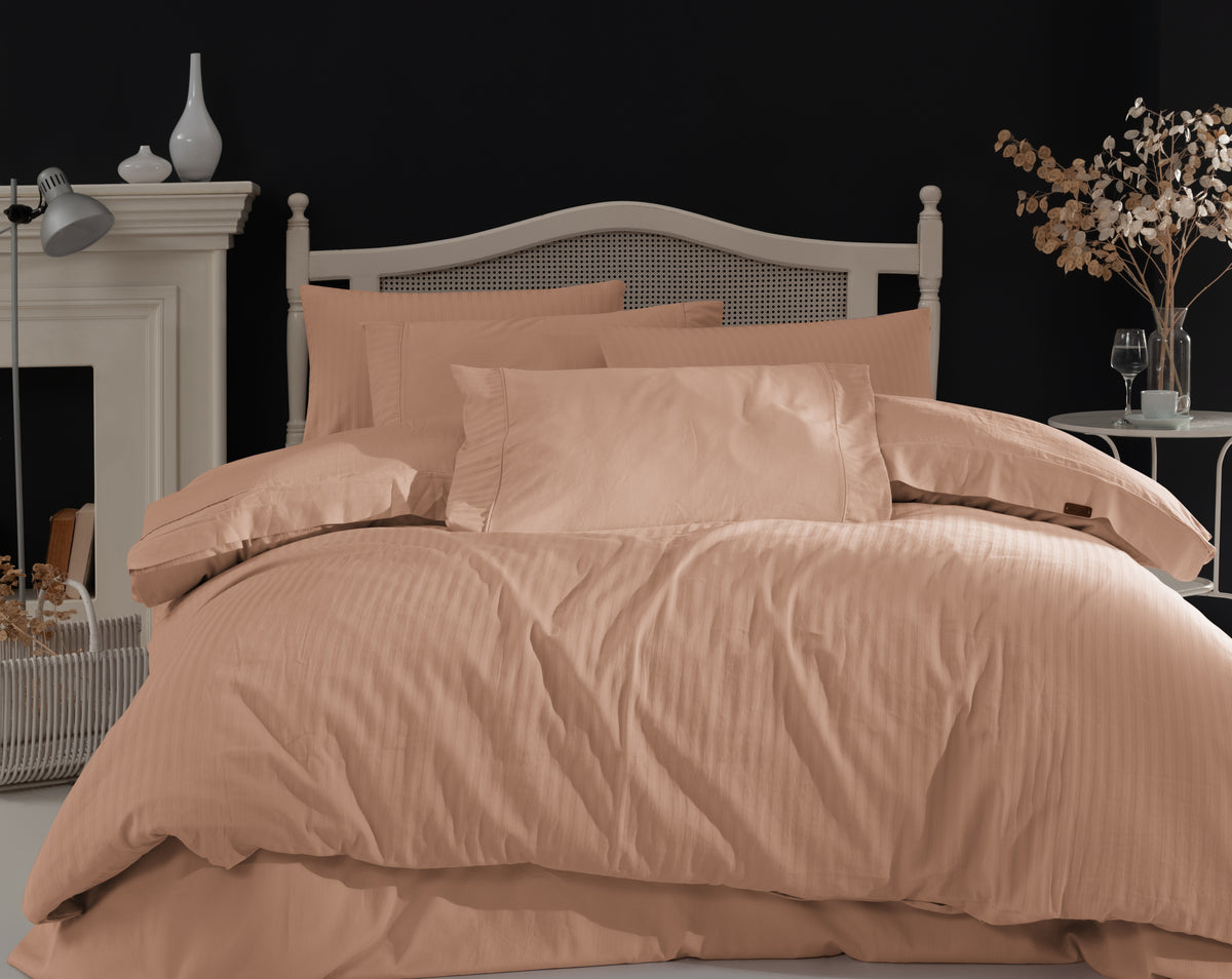 Opia %100 Pamuk Saten Çizgili Çift Kişilik Nevresim Takımı 200x220 cm - Somon