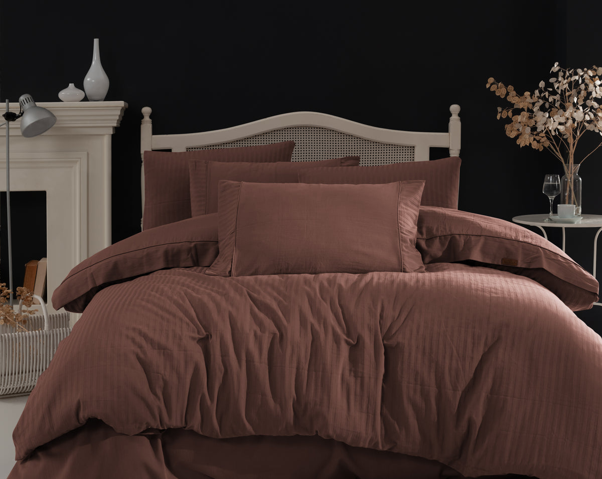 Opia %100 Pamuk Saten Çizgili Çift Kişilik Nevresim Takımı 200x220 cm - Mürdüm