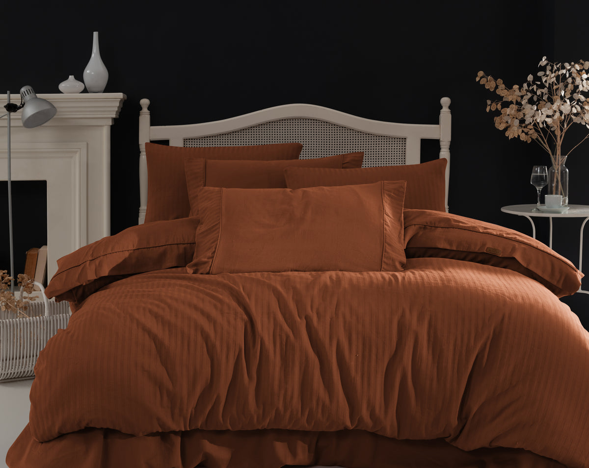 Opia %100 Pamuk Saten Çizgili Çift Kişilik Nevresim Takımı 200x220 cm - Tarçın
