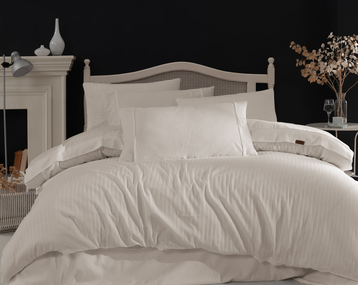 Opia %100 Pamuk Saten Çizgili Çift Kişilik Nevresim Takımı 200x220 cm - Beyaz