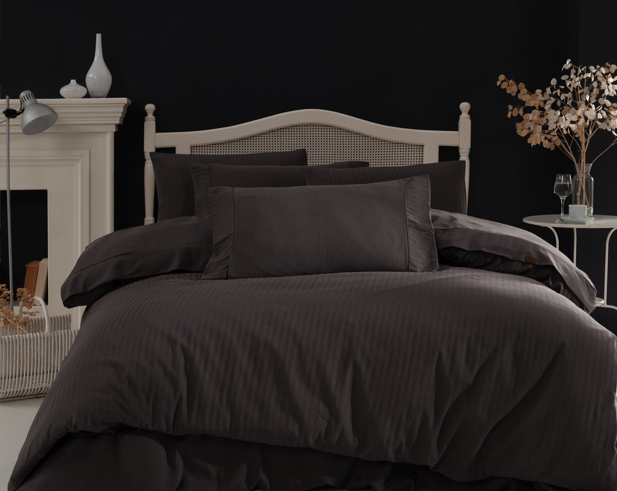 Opia %100 Pamuk Saten Çizgili Çift Kişilik Nevresim Takımı 200x220 cm - Gri