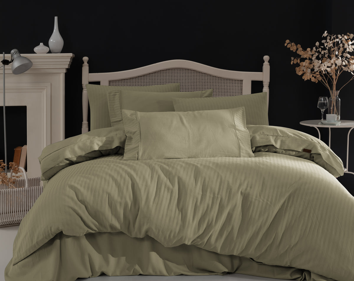 Opia %100 Pamuk Saten Çizgili Çift Kişilik Nevresim Takımı 200x220 cm - Açık Yeşil