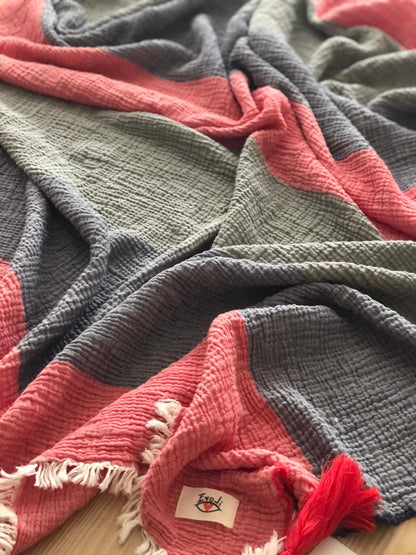 Cozy Skin Throw %100 Pamuk 4 Kat Müslin İplik Boya Yıkamalı 130x170 cm Diz Battaniyesi &amp; Koltuk Şalı