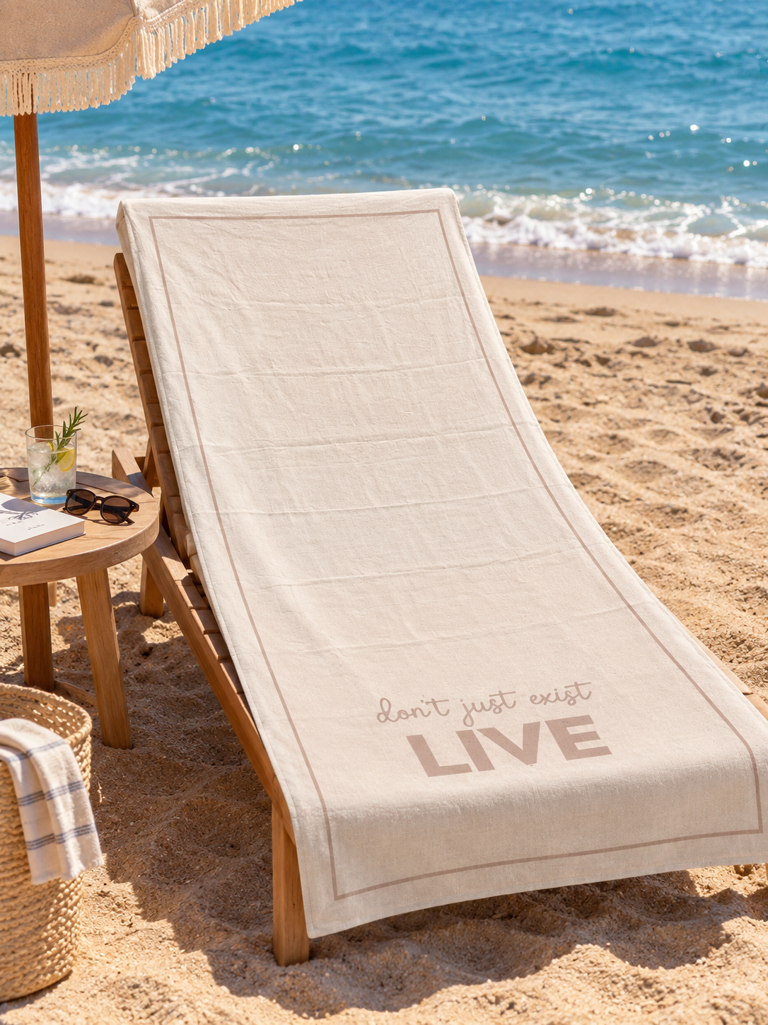Motto Şezlong Örtüsü Live Yazılı 90x200+20 cm - Bej