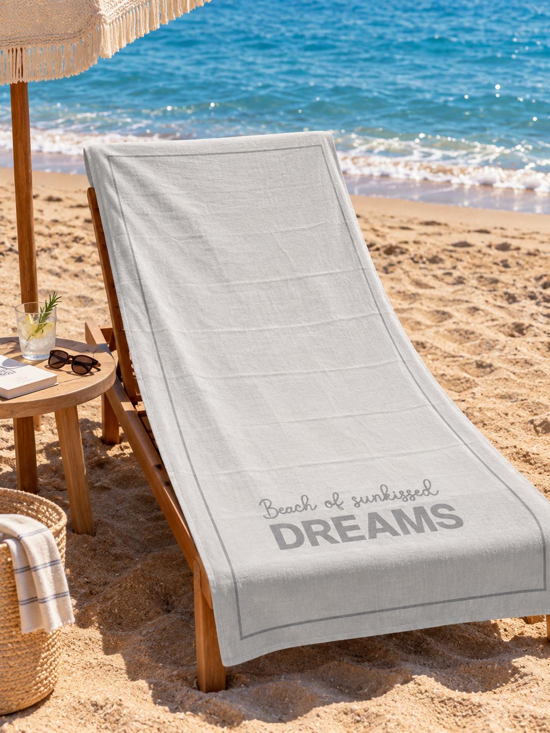 Motto Şezlong Örtüsü Dreams Yazılı 90x200+20 cm - Gri